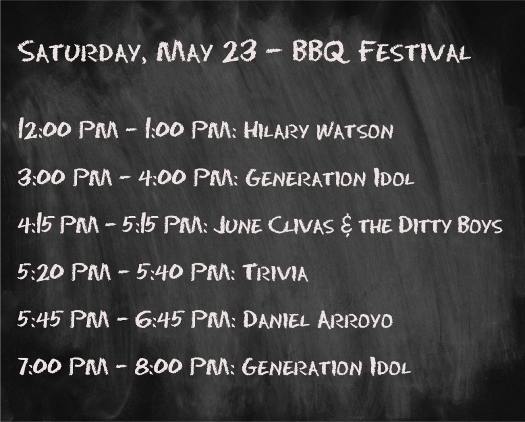 Chalkboard with band schedule for May 23