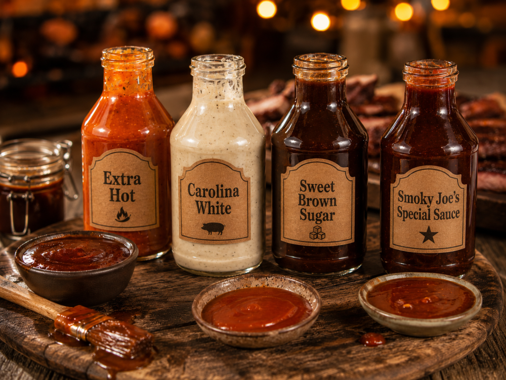 Several BBQ Sauces line up next to each other