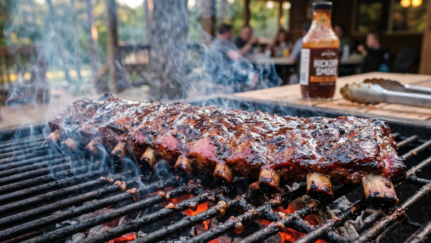Spare ribs smoking on the grill