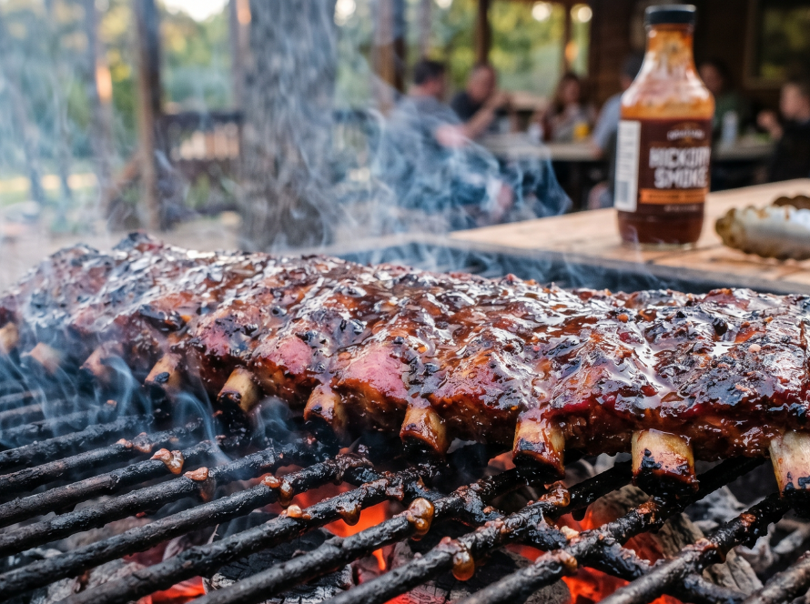 Spare ribs smoking on the grill