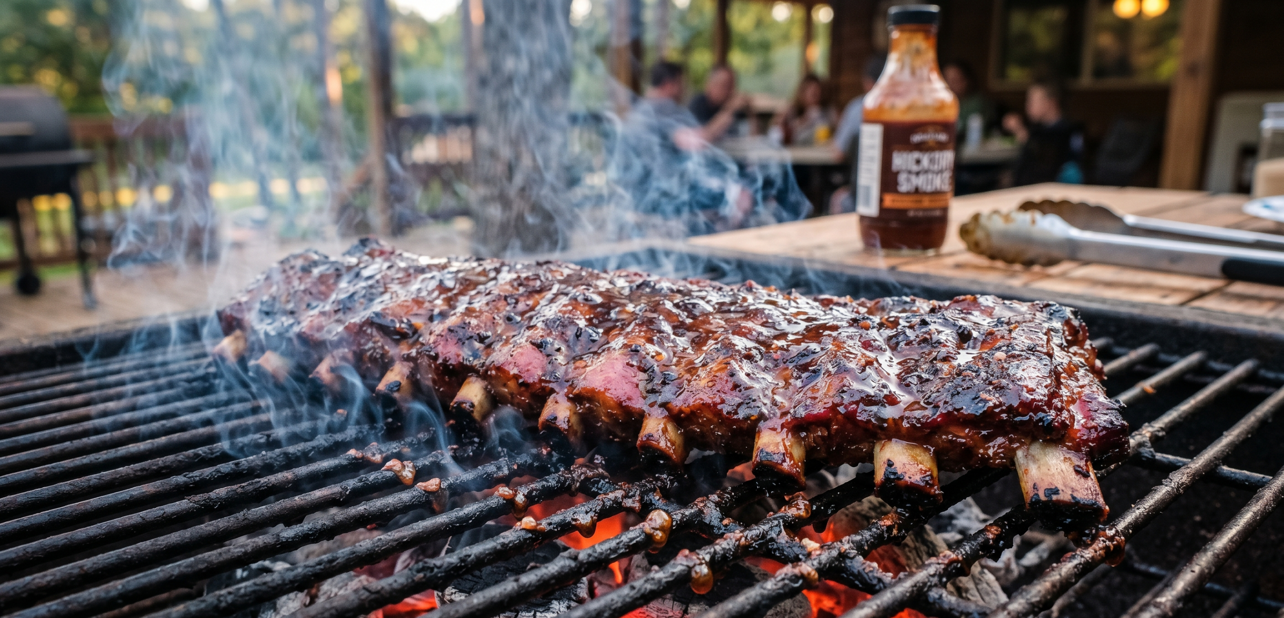 Spare ribs smoking on the grill